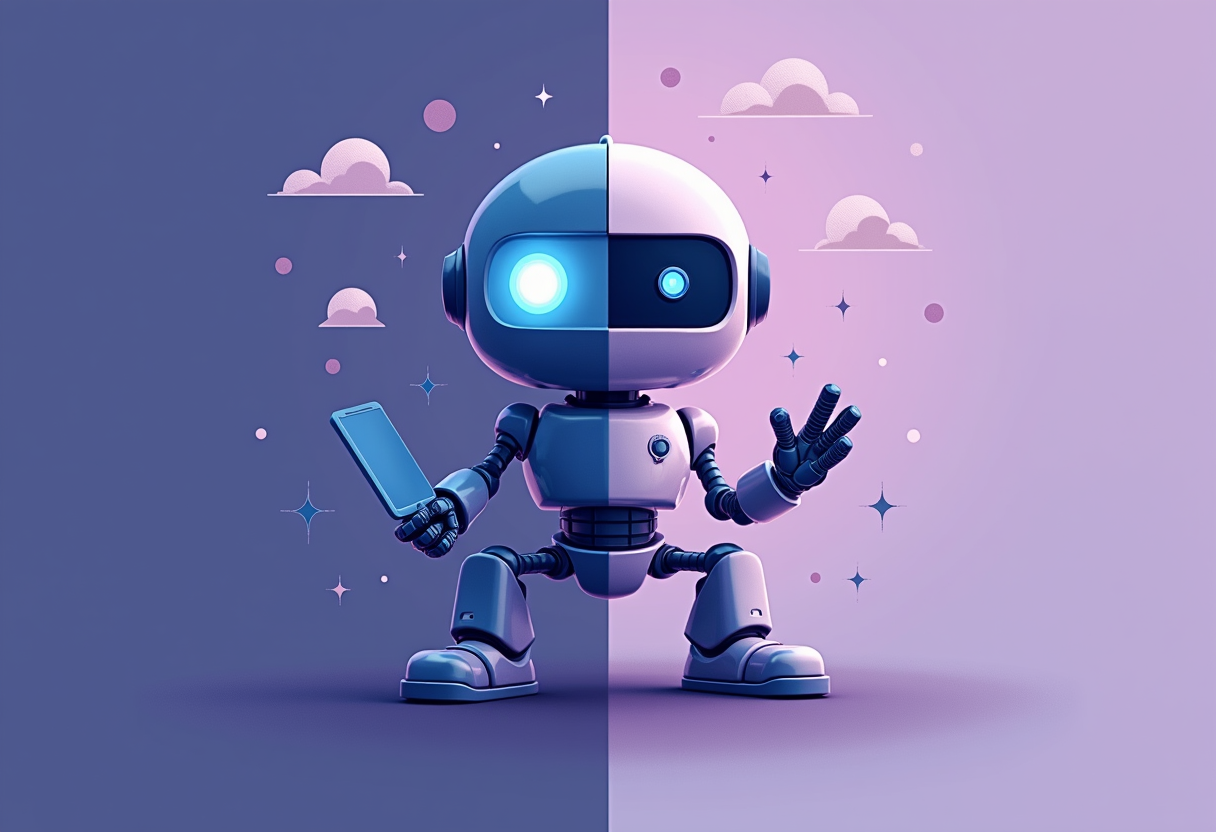 A split composition contrasting a fantasy robot on one side and a practical business tool on the other, modern flat vect
