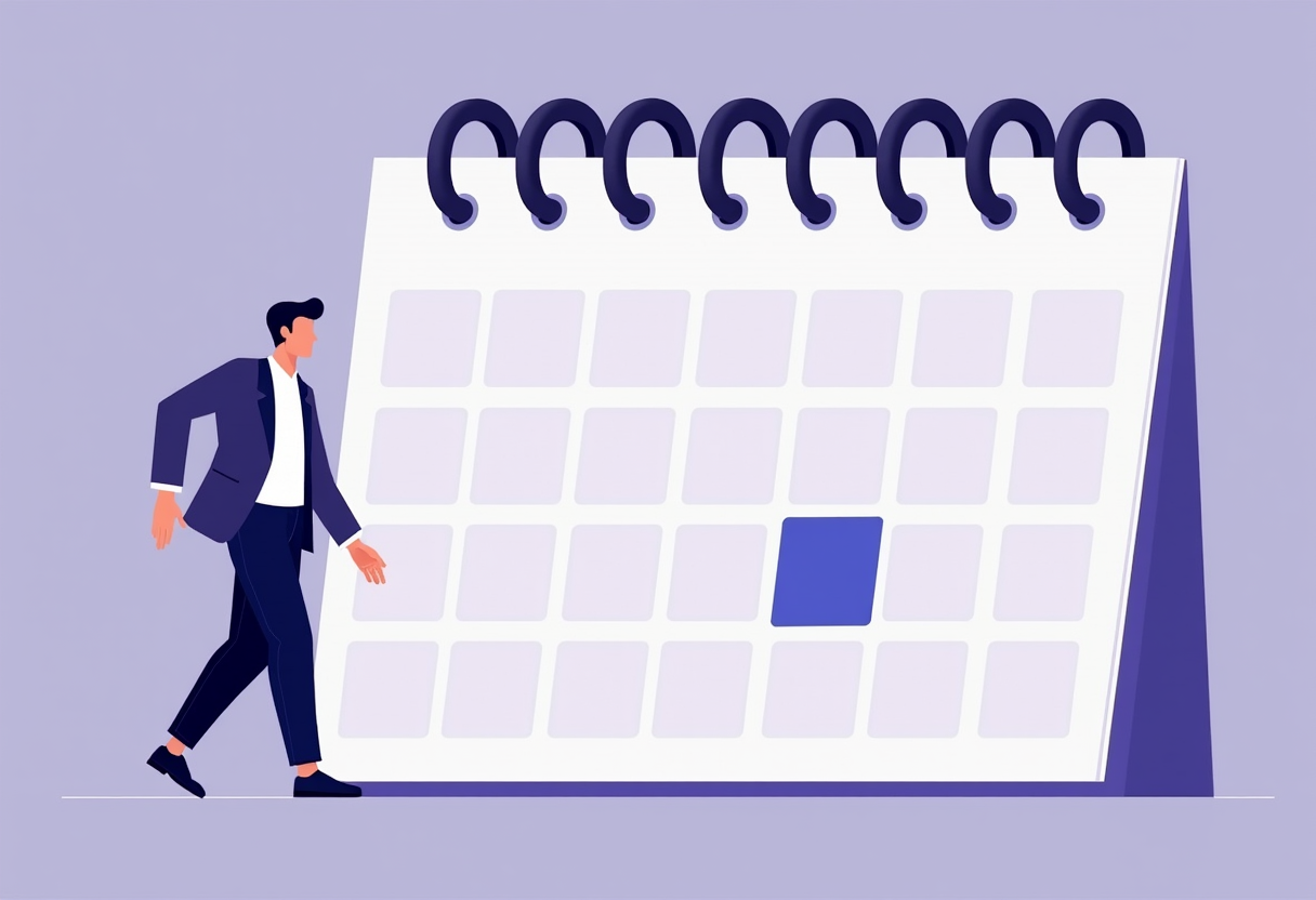 A weekly calendar with freed empty days highlighted while a relaxed business owner walks away, modern flat vector illust
