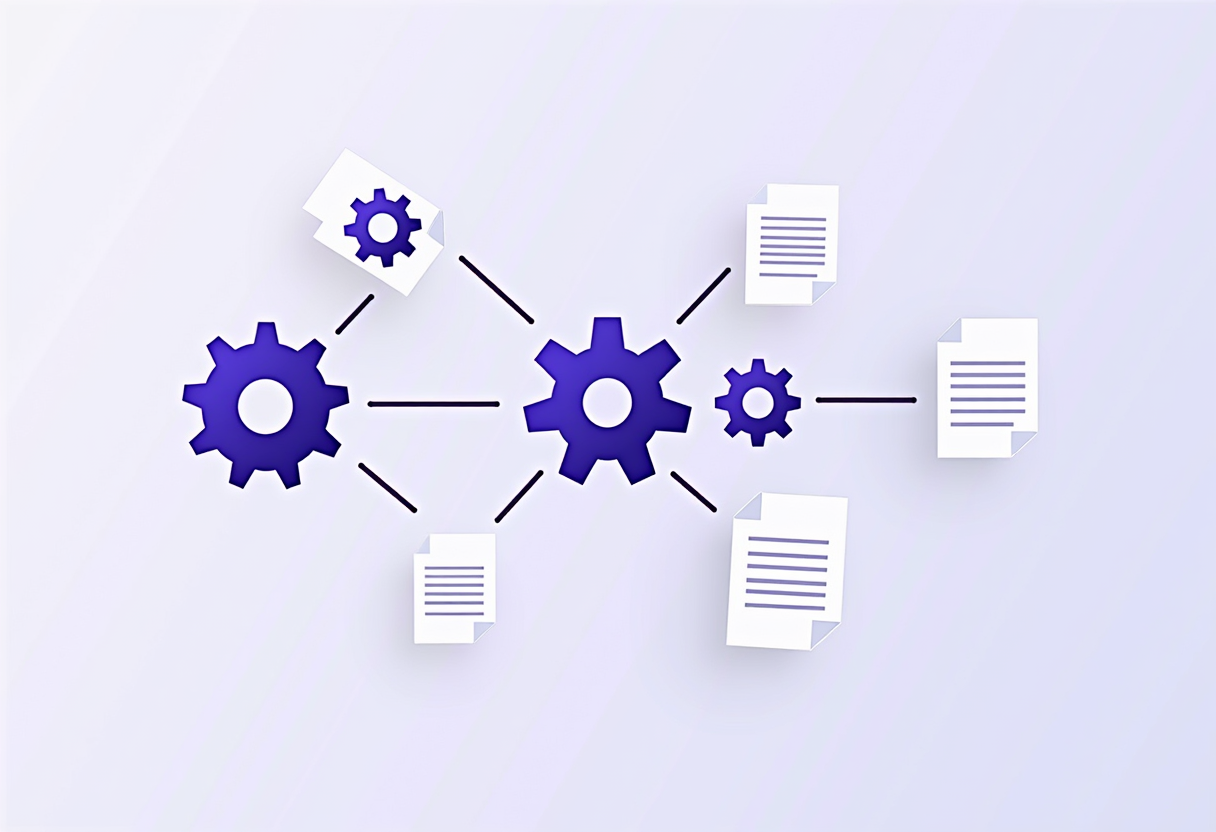 An operations workflow diagram with connected nodes and gears moving documents automatically, modern flat vector illustr