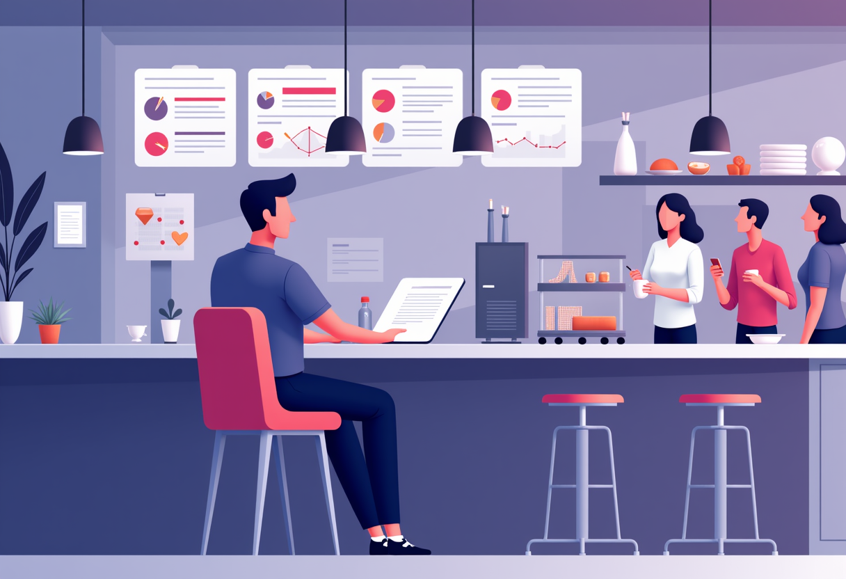 A flat modern illustration showing a restaurant owner relaxing while AI automation handles reports, inventory alerts and