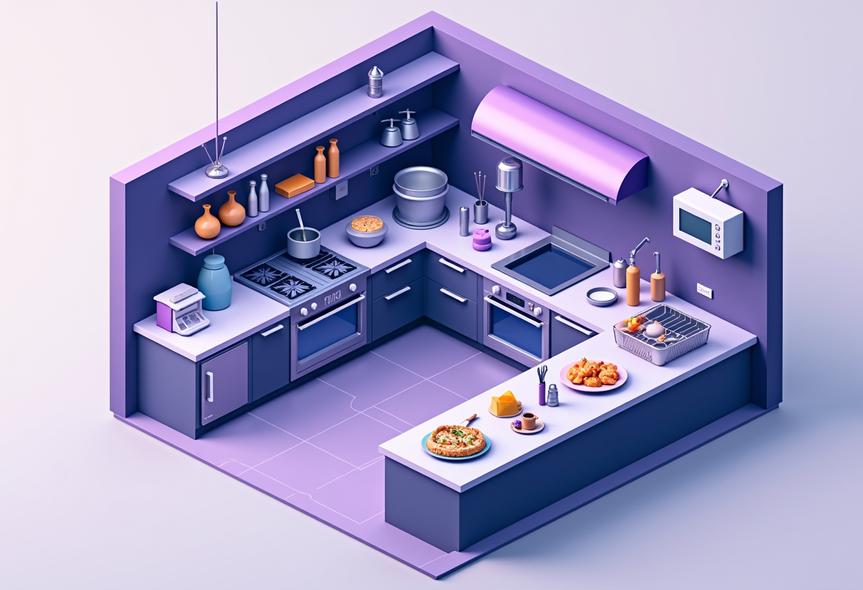 A modern flat illustration of a restaurant kitchen workflow being automated by an AI agent, purple and indigo color pale