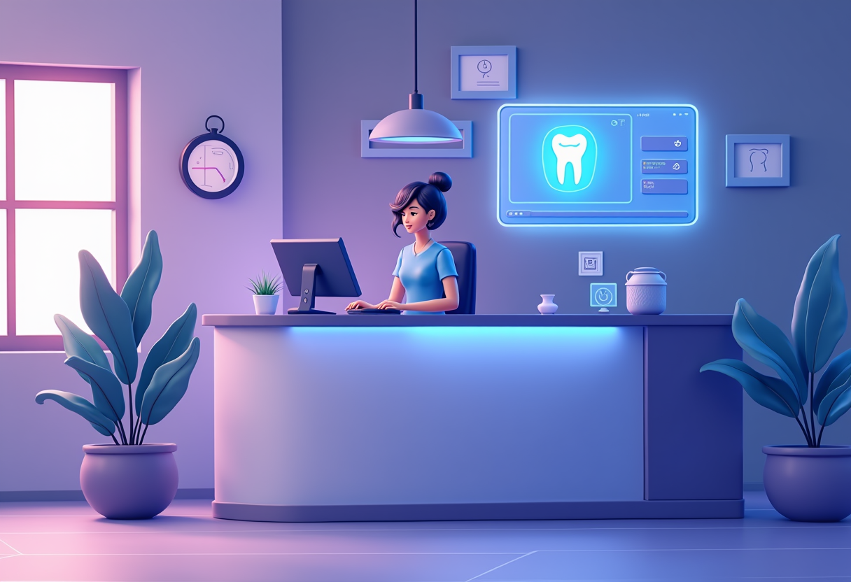 a dental clinic reception desk with a glowing digital schedule on screen, an AI assistant icon managing appointment remi