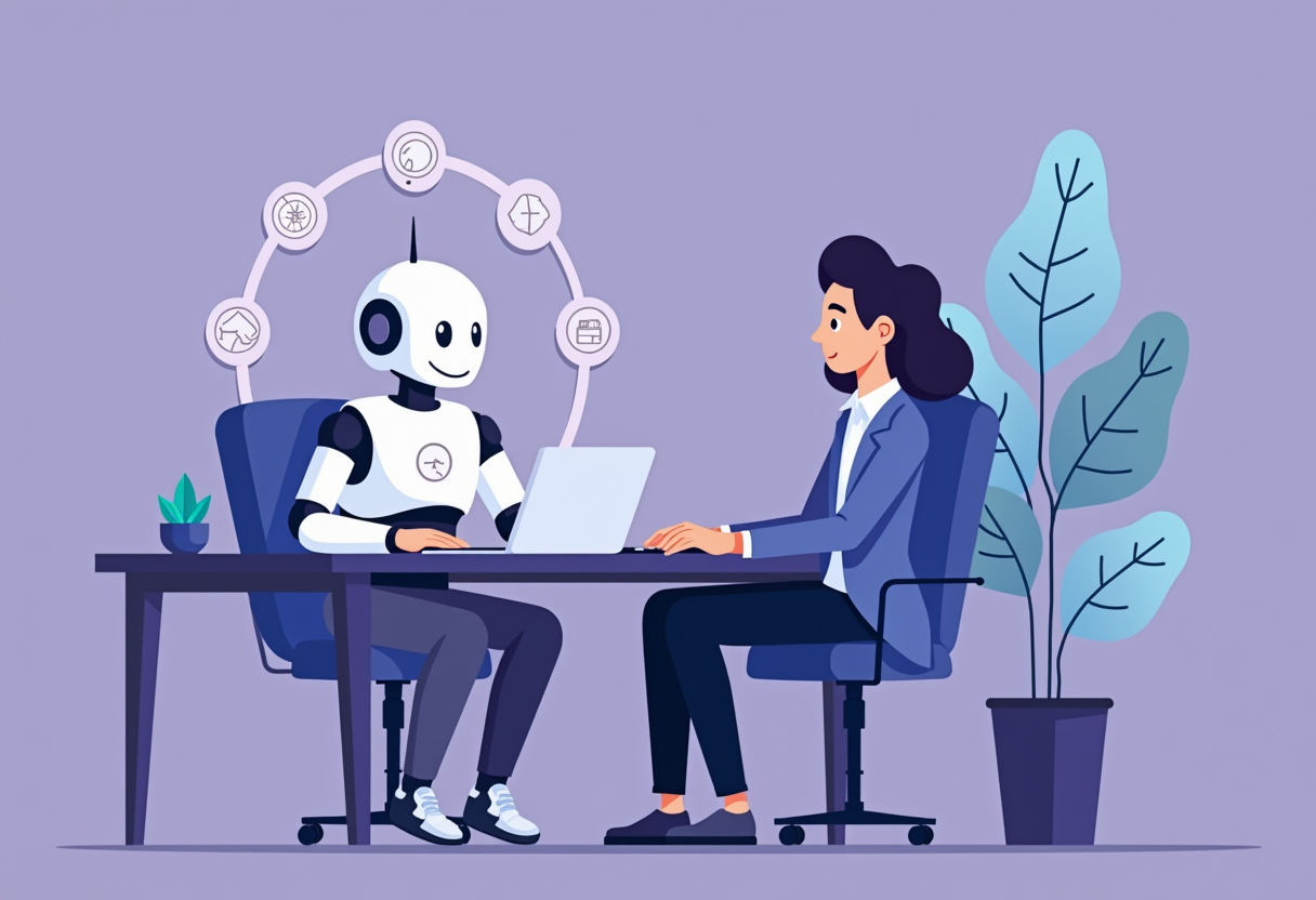 a small business owner sitting relaxed at a desk while a friendly AI assistant robot manages floating workflow icons aro