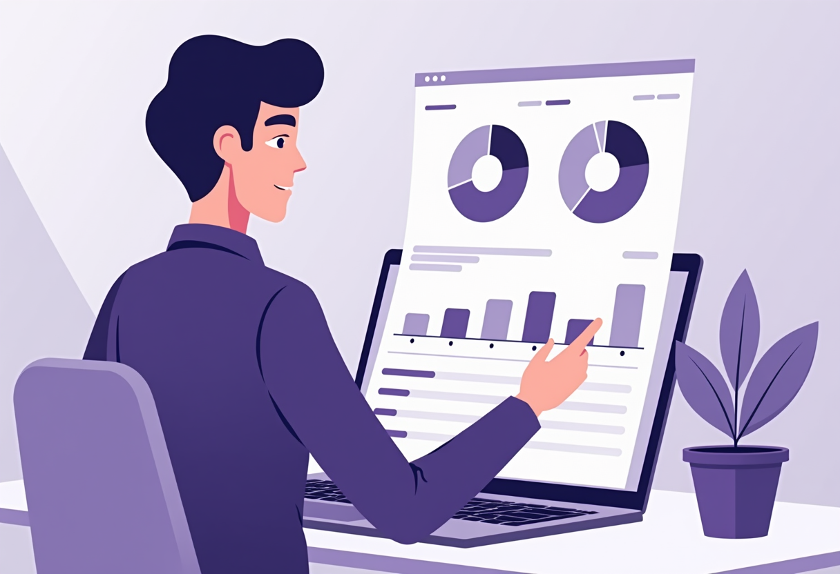 A small business owner looking at a clean analytics dashboard on a laptop, with price trend charts and customer segments