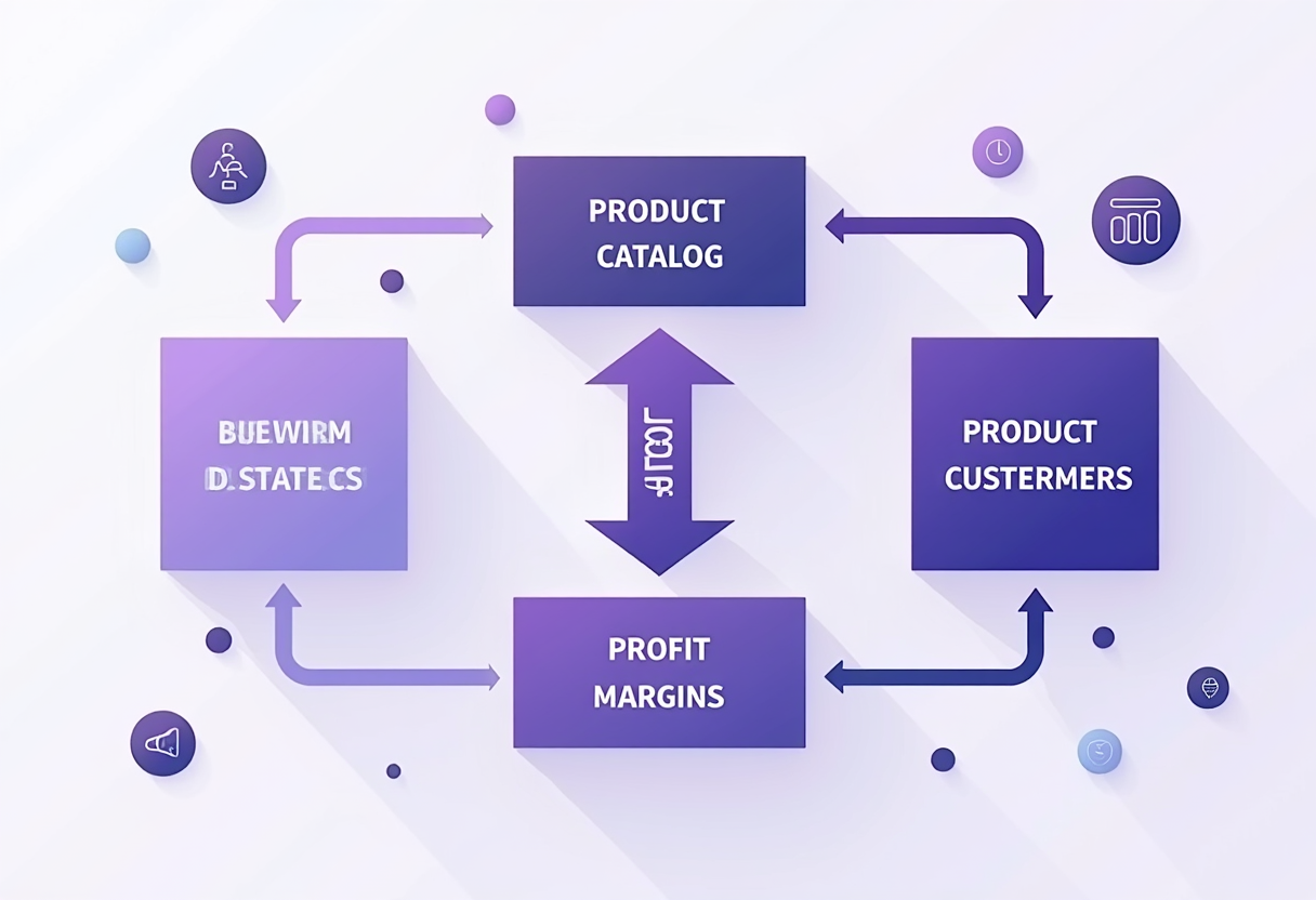 A colorful flat illustration of a pricing strategy flow with arrows connecting customer segments, product catalog and pr