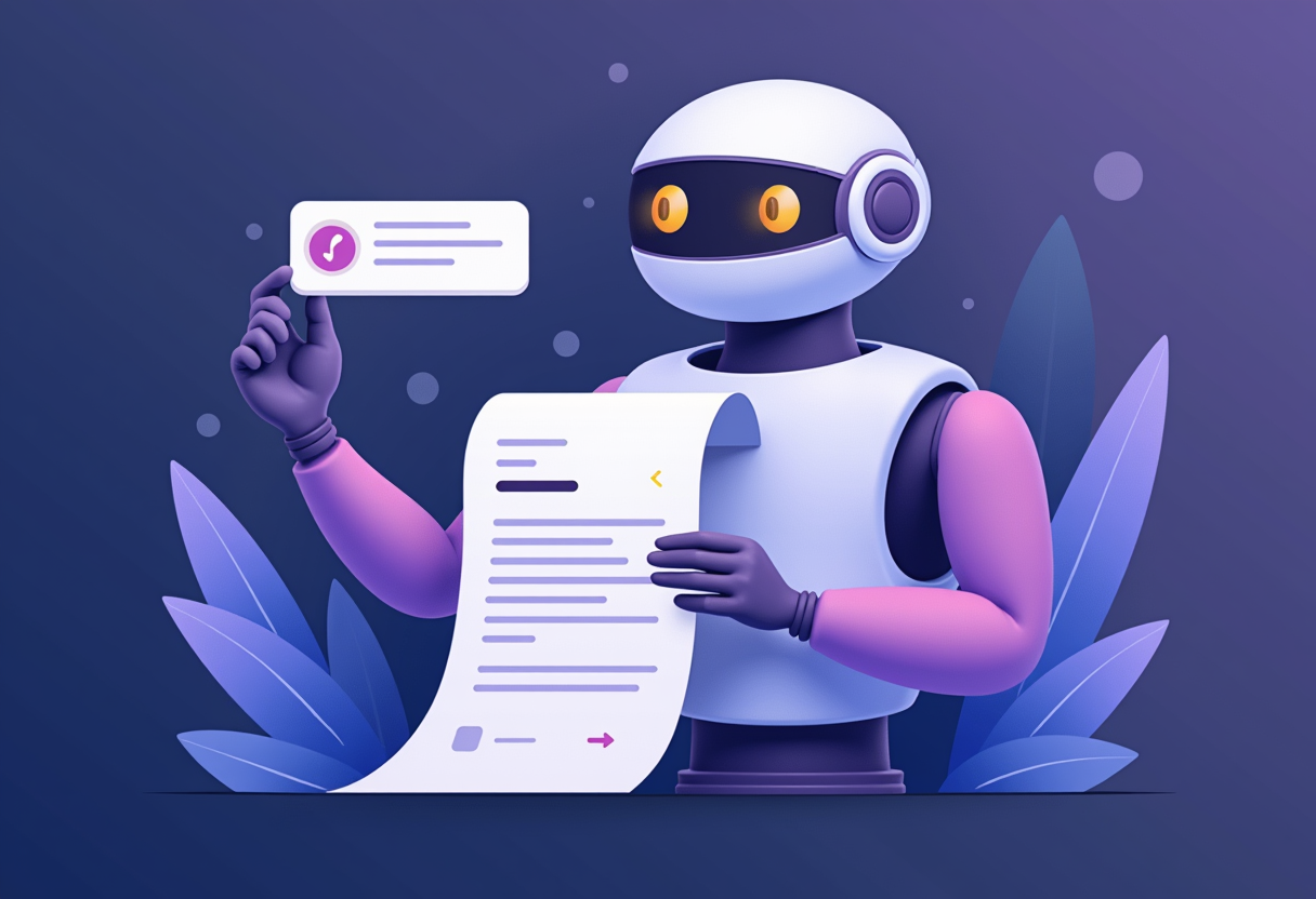 A flat modern illustration of an indigo and violet AI agent automatically generating an invoice and sending a payment re