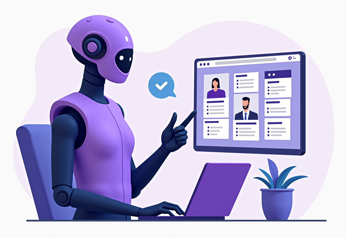 A modern flat illustration showing a violet and indigo AI agent sending automated task reminders to a small business tea