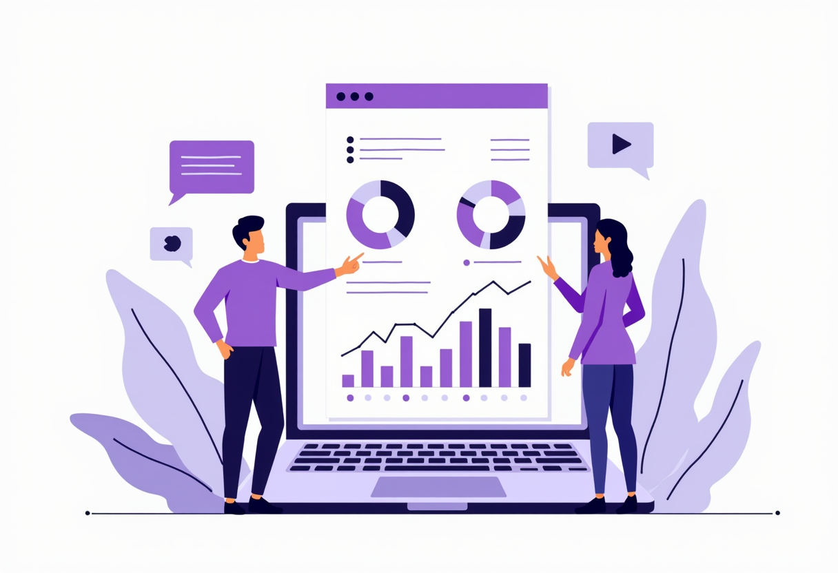 A laptop showing an automated business report with clean charts, an AI assistant pointing at a key metric, purple and in