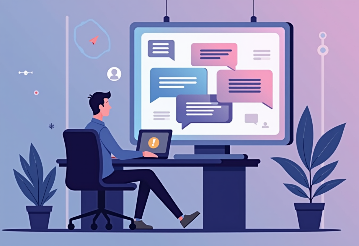 a small business owner relaxing at a desk while an AI agent icon handles multiple incoming chat bubbles on a large scree