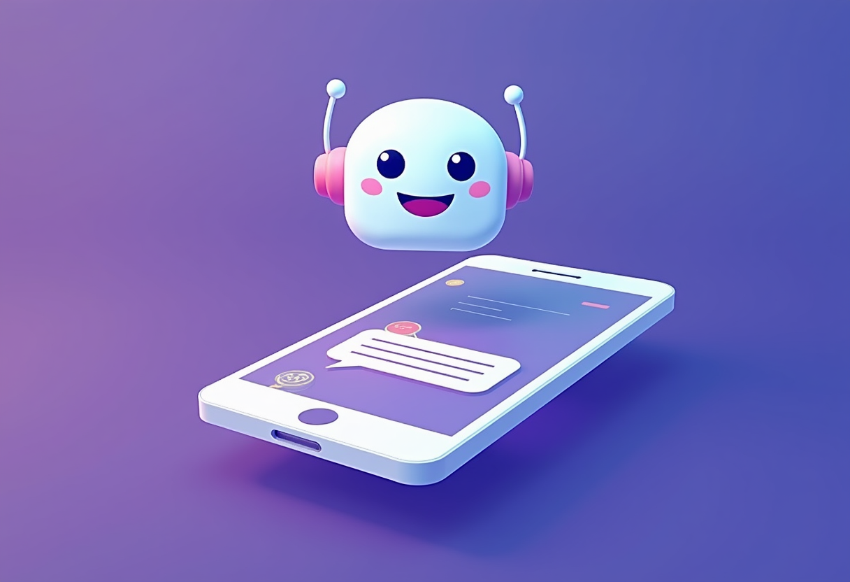 a friendly AI chatbot avatar floating above a smartphone showing a WhatsApp-style conversation interface, flat modern il
