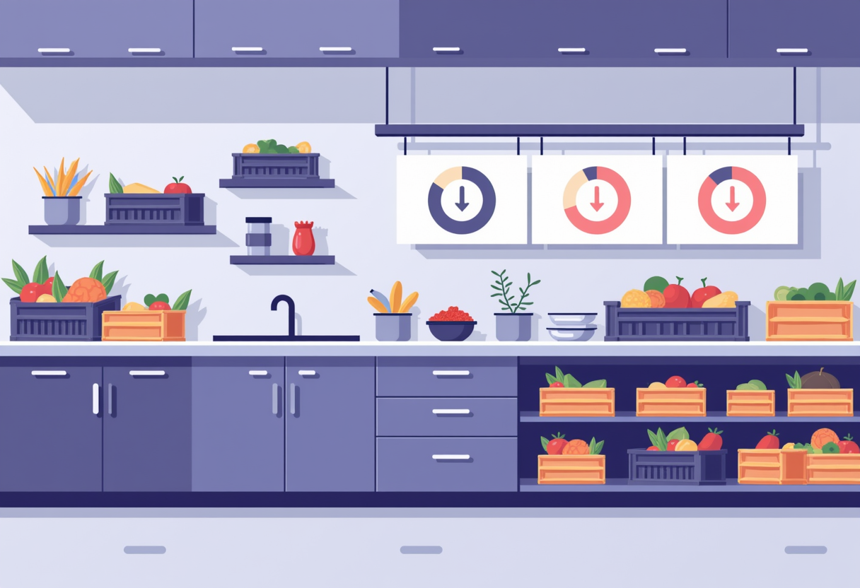 A restaurant kitchen storage area with produce crates and a floating panel showing inventory levels and downward waste a