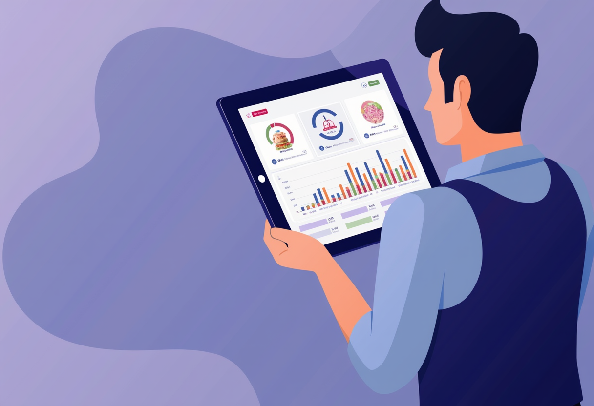 a restaurant owner looking at a clean analytics dashboard on a tablet, modern flat illustration, violet and indigo palet