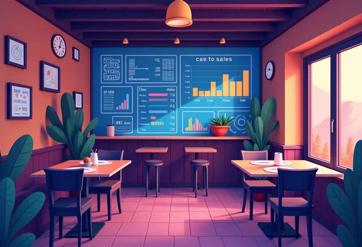 a cozy mexican restaurant interior with data visualization overlays showing sales charts and inventory levels, flat mode