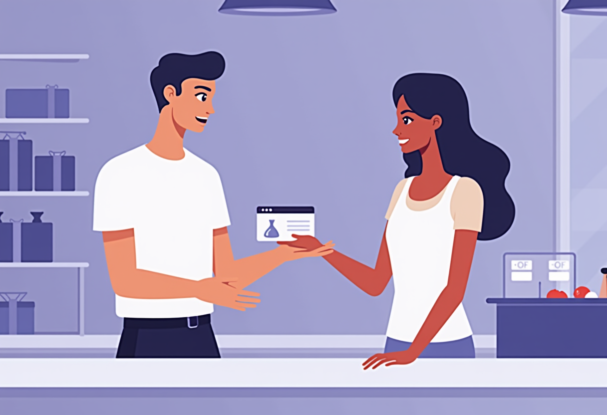 A loyal customer receiving a personalized offer card at a checkout counter, modern flat vector illustration, violet and