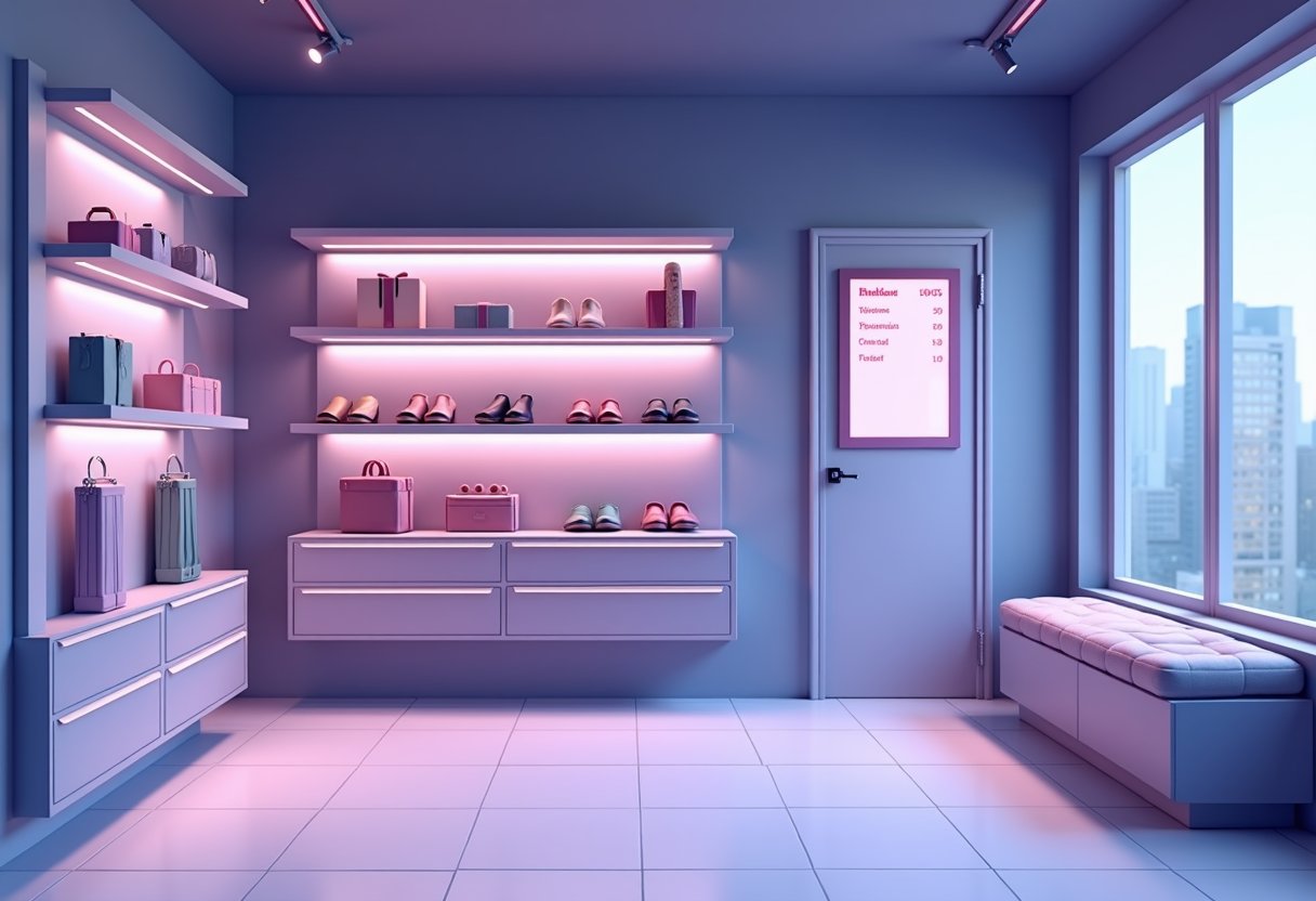 A boutique retail store interior with smart shelves and a floating panel showing stock levels, modern flat vector illust