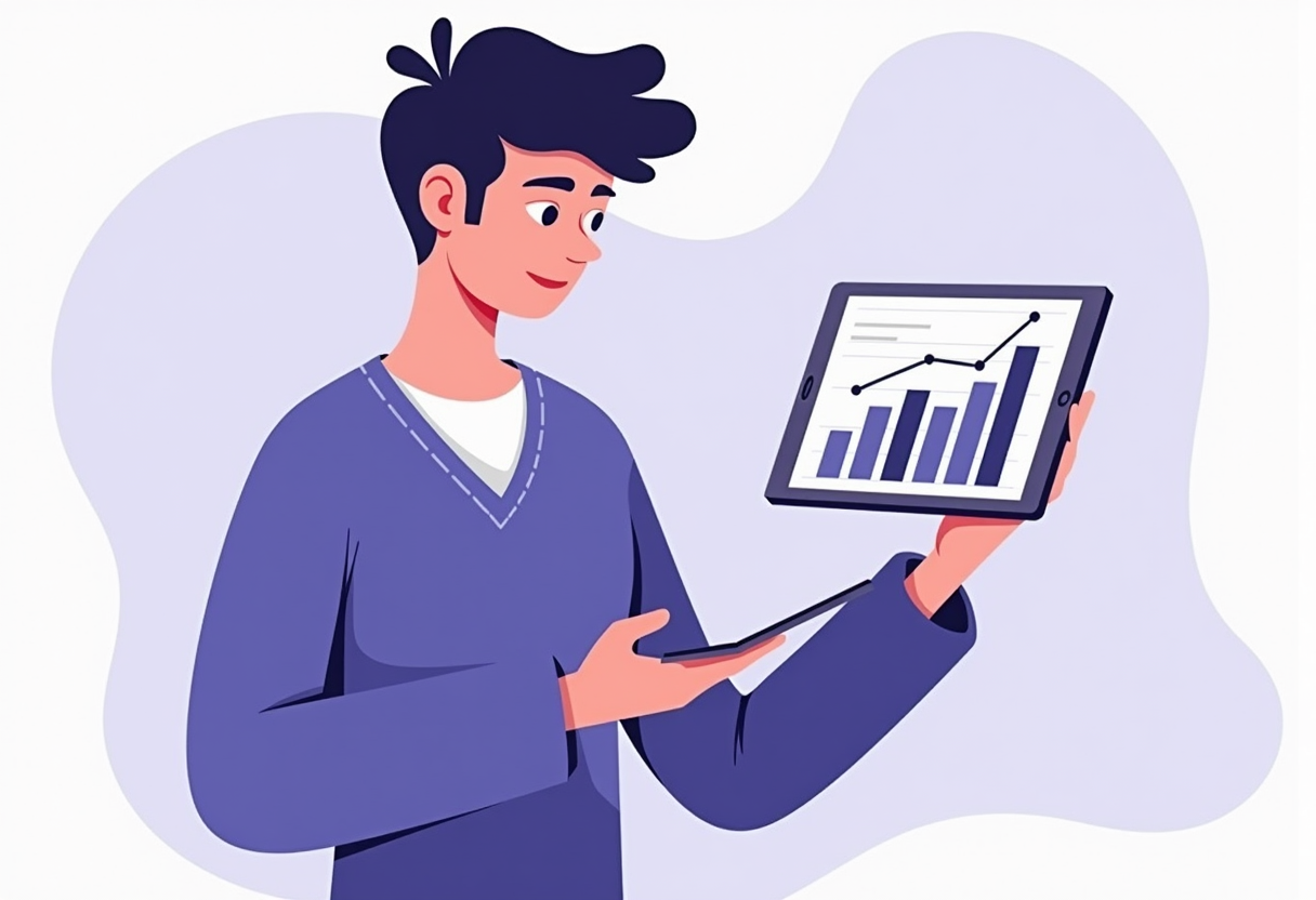 A small business owner reviewing growth charts on a tablet, flat modern illustration, violet and indigo color palette, n