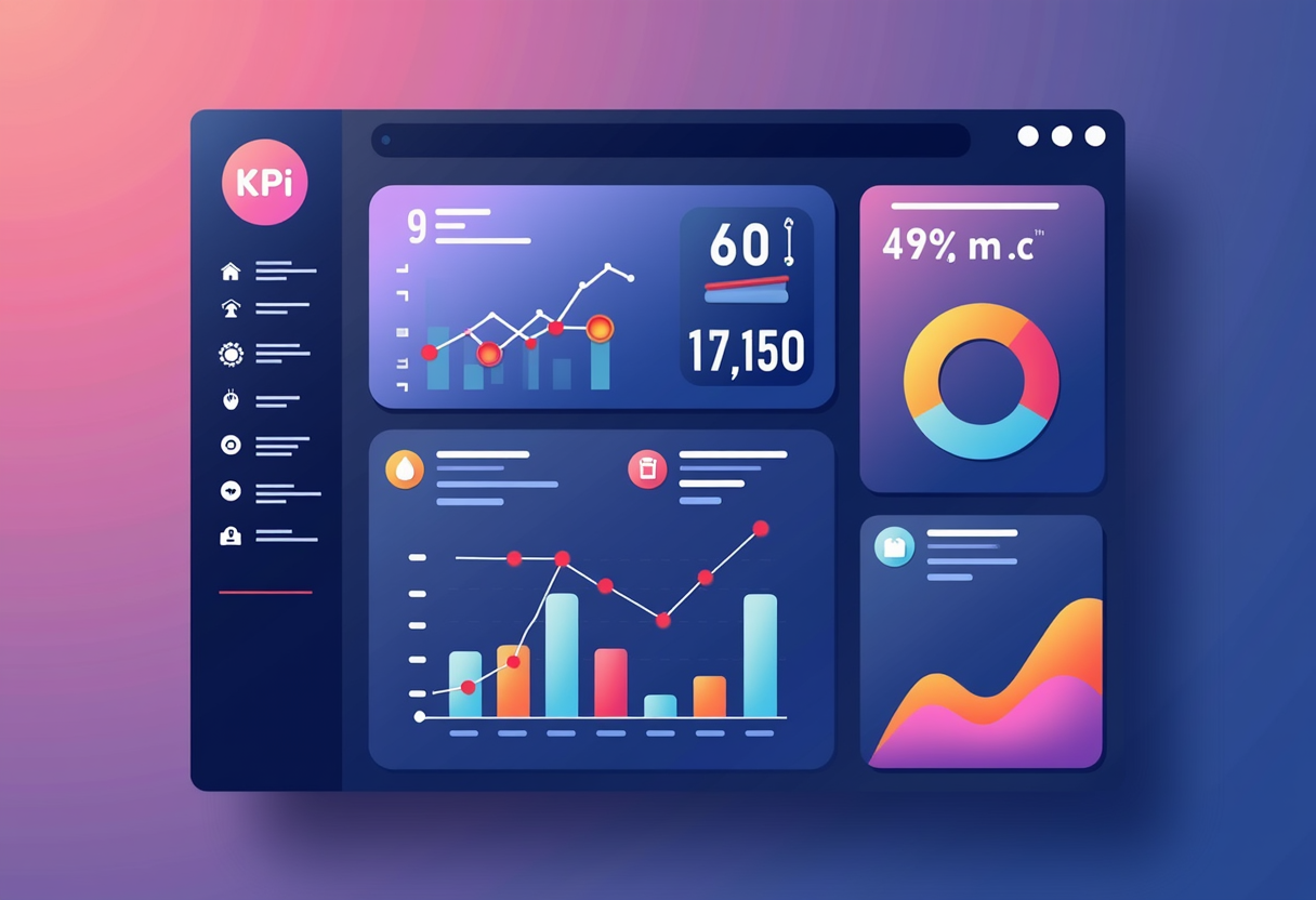 Dashboard with colorful KPI cards and trend graphs for a small business, flat modern illustration, violet and indigo pal