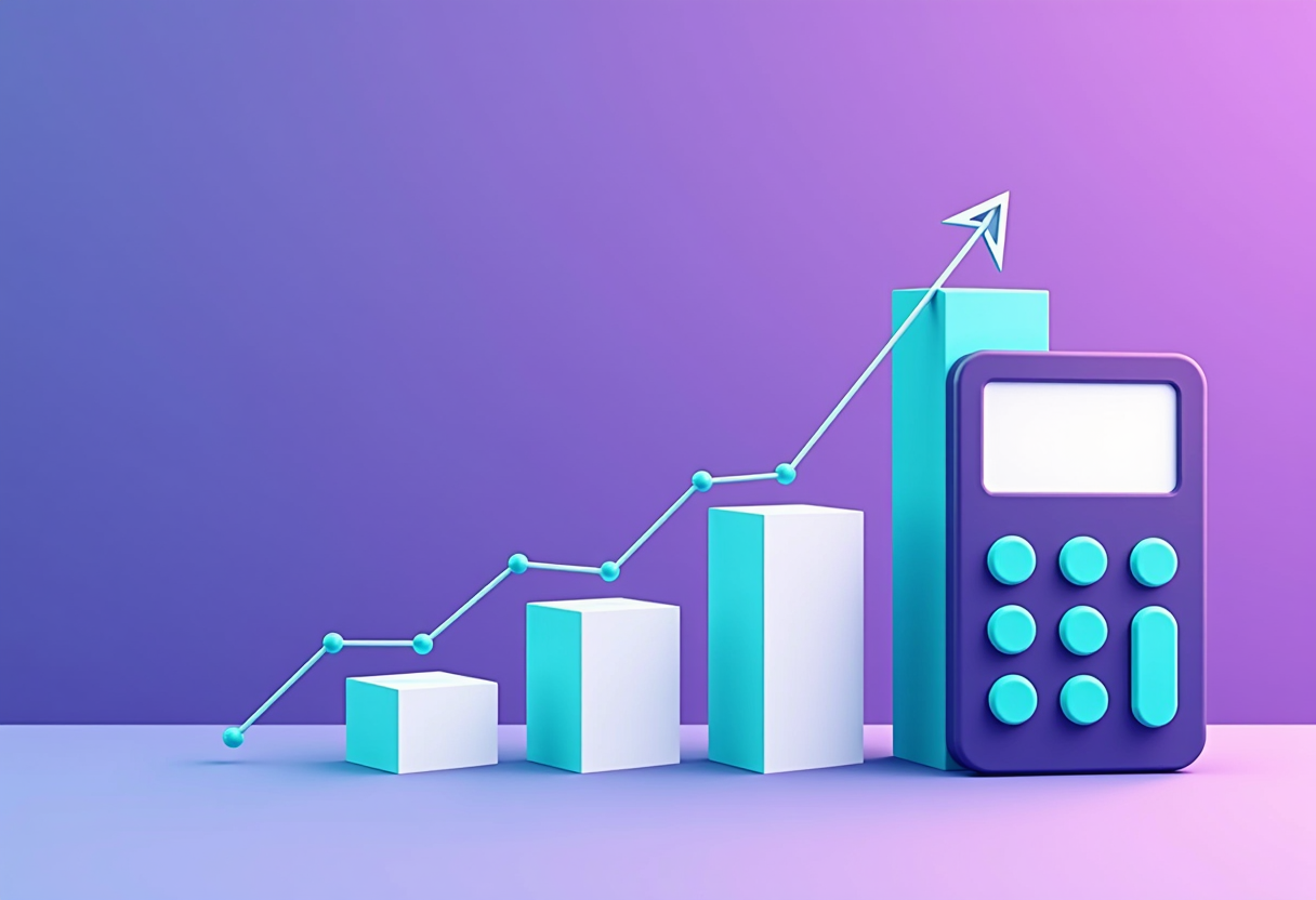 A line chart climbing upward with milestone markers next to a calculator, modern flat vector illustration, violet and in