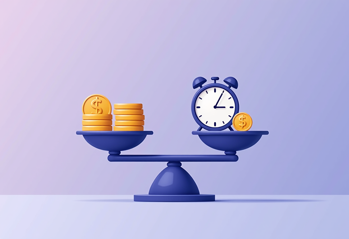 A balance scale weighing cost coins on one side against saved hours and revenue on the other, modern flat vector illustr