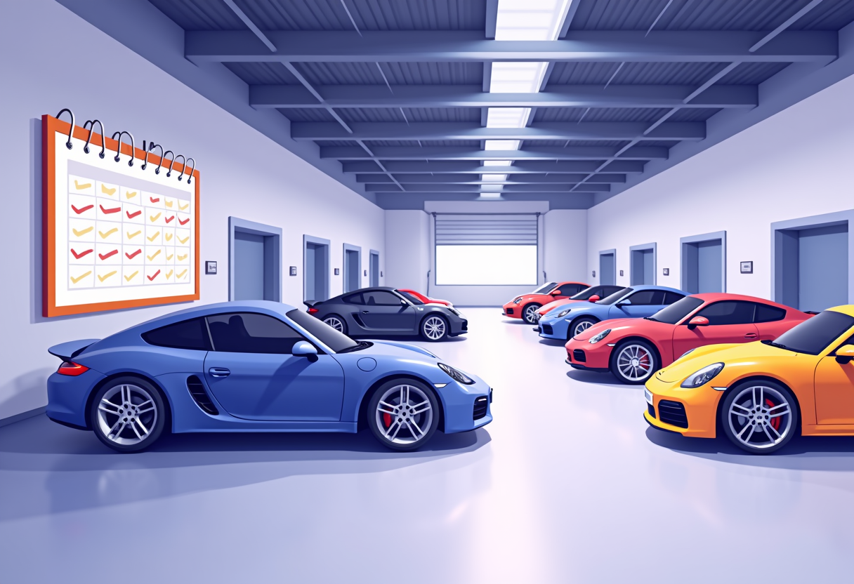 An auto workshop with an appointment board filling up and cars waiting in organized service bays, modern flat vector ill