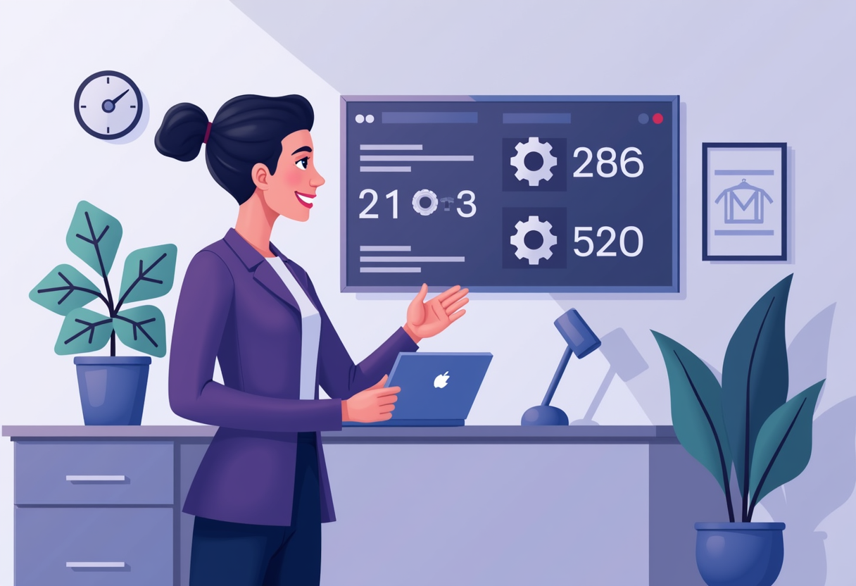 A service advisor reviewing an operations panel showing parts and job status, modern flat vector illustration, violet an
