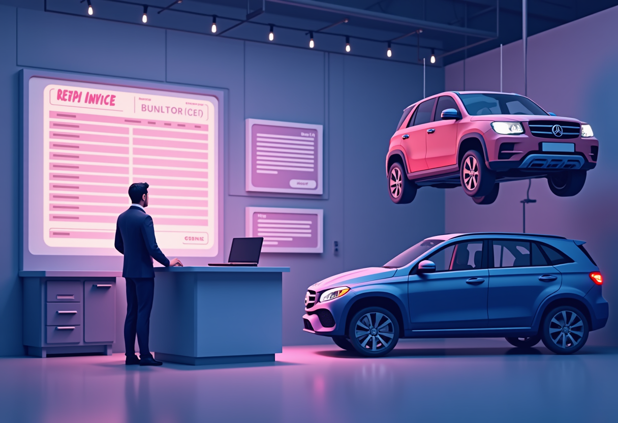 An auto repair shop service desk where a glowing panel builds a repair quote next to a lifted car, modern flat vector il