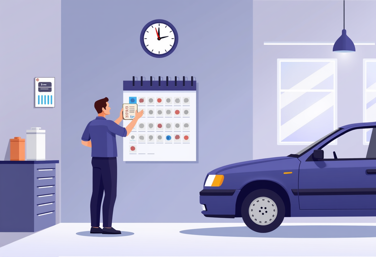 A mechanic workshop bay with a scheduling board of appointment slots and a payment confirmation card, modern flat vector