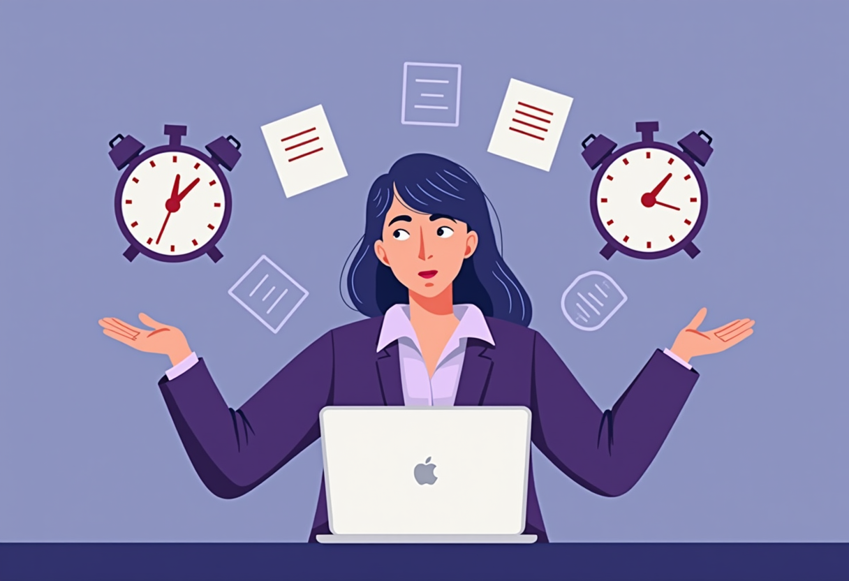 A small business owner surrounded by floating repetitive task cards and spinning clock hands, overwhelmed feeling, moder