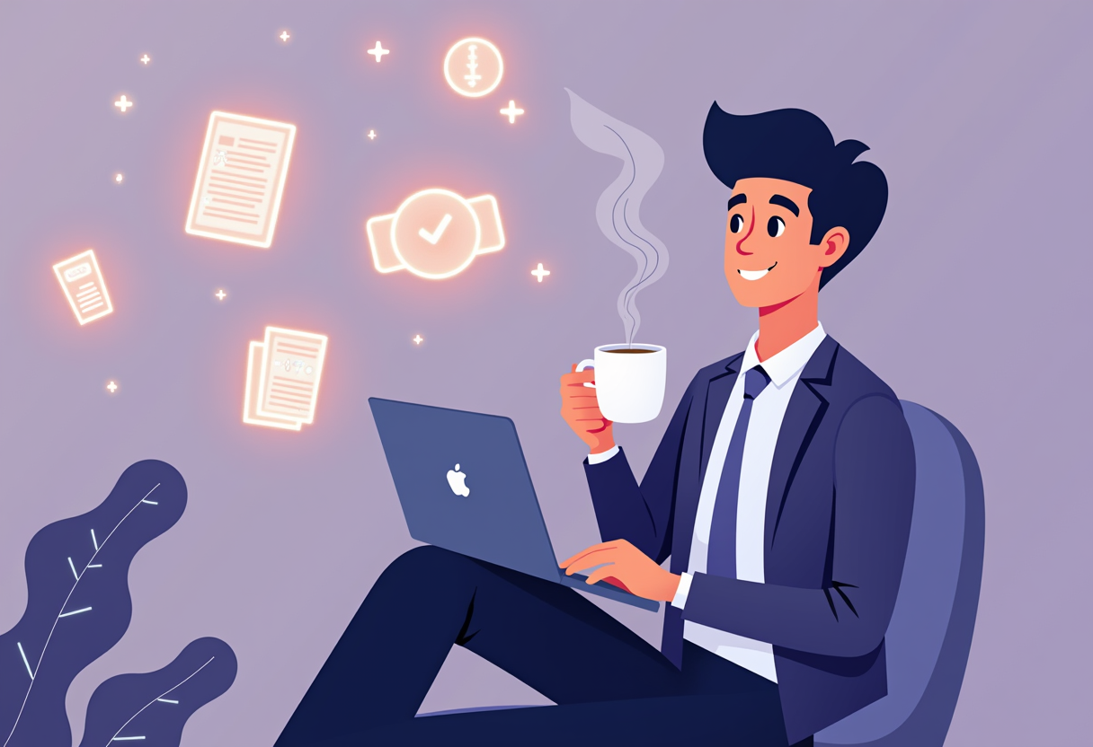 A relaxed business owner holding a coffee while glowing automation icons handle floating task cards behind, modern flat