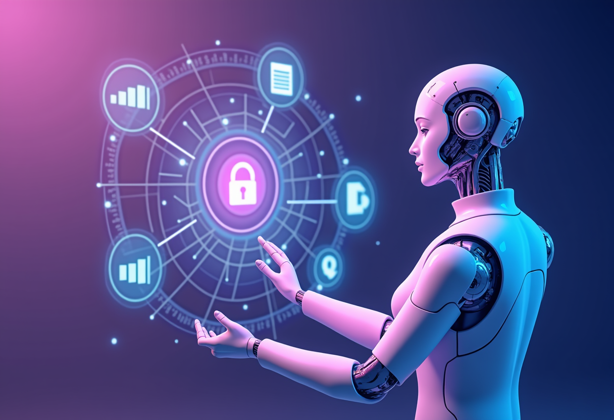 modern flat illustration of AI agent connecting to multiple business apps like calendar, spreadsheet and CRM, violet and