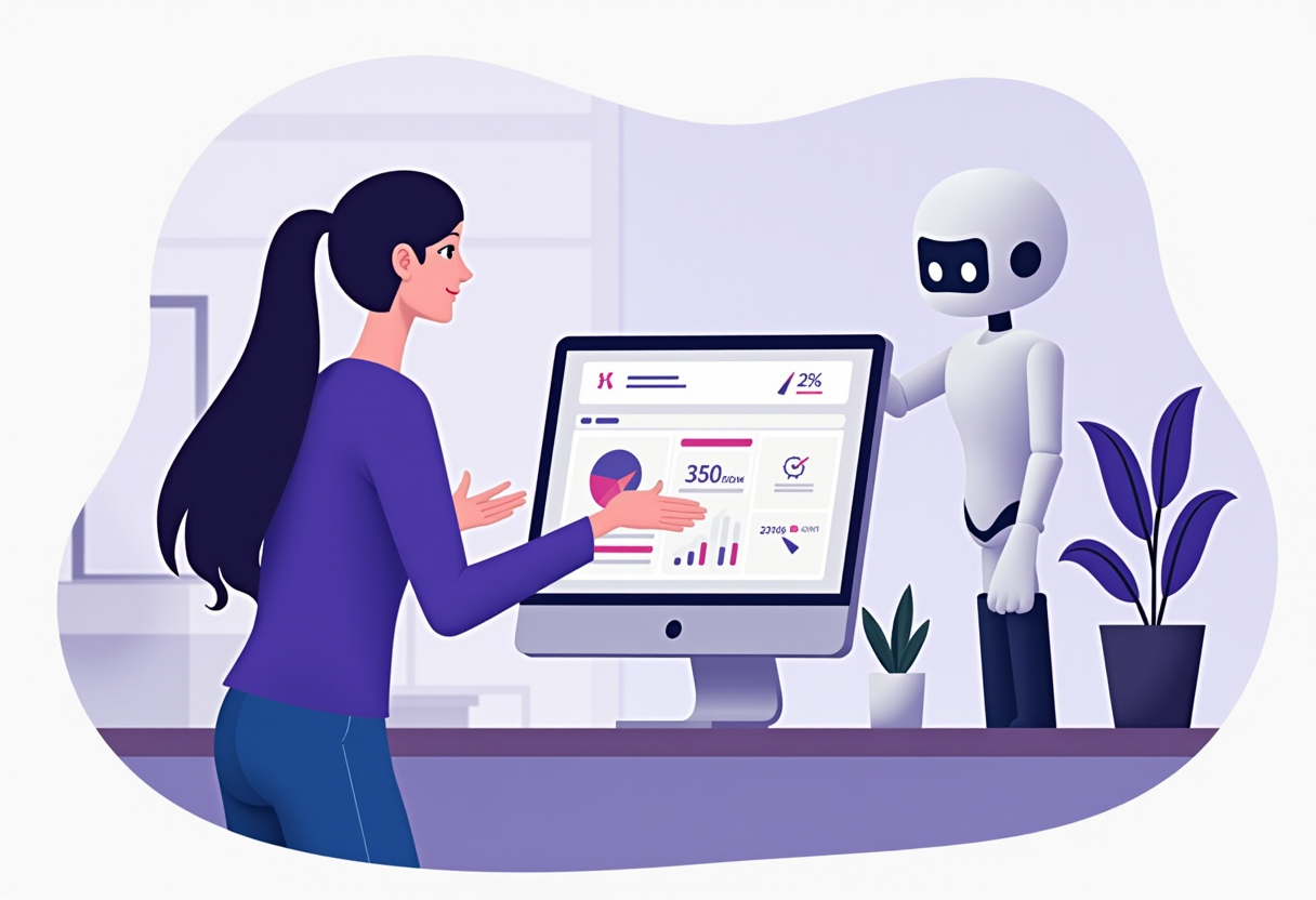 flat modern illustration of a small business owner looking at a dashboard with a friendly AI assistant beside them, viol