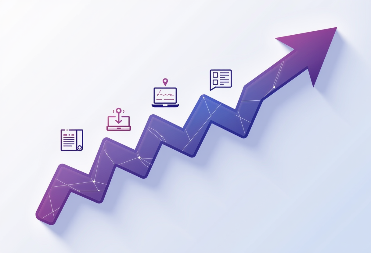 An abstract timeline arrow moving forward with technology icons placed along it, modern flat vector illustration, violet