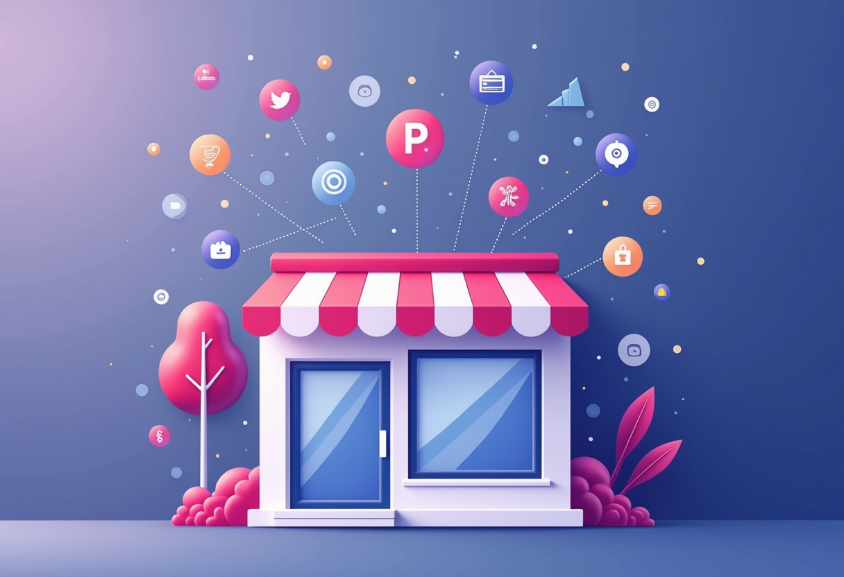 A small business storefront with modern connected technology elements floating above, modern flat vector illustration, v
