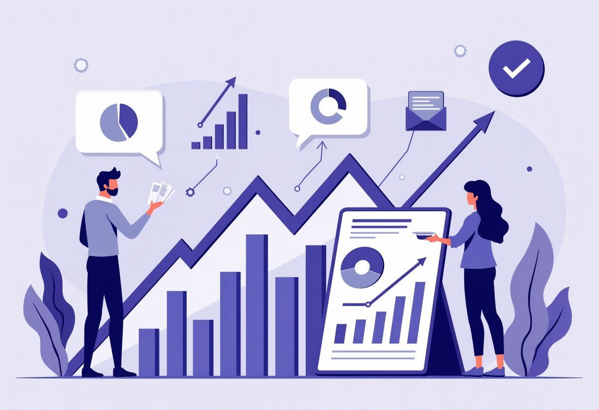 A modern flat illustration of data charts and graphs flowing into actionable business decisions, violet and indigo tones