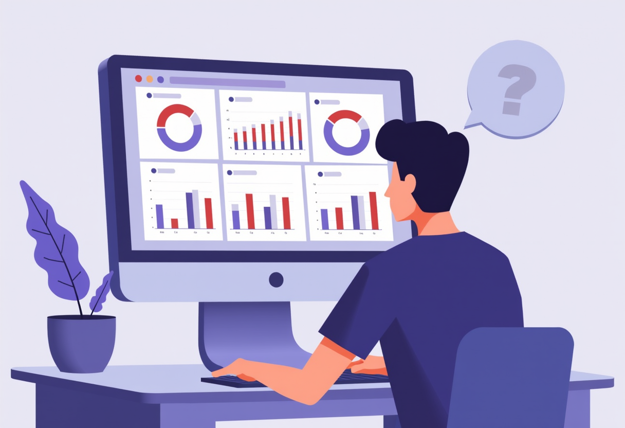A small business owner looking at a clean analytics dashboard on a laptop, flat illustration style, violet and indigo co