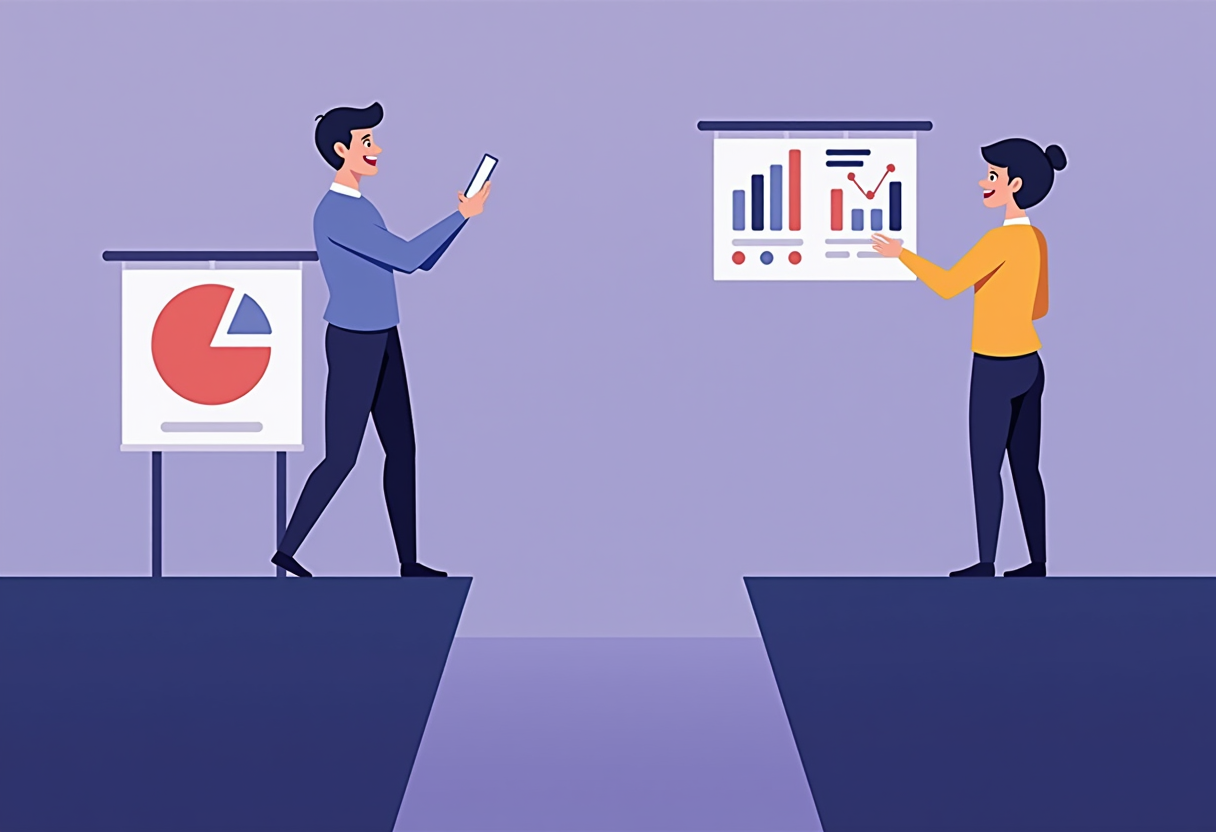 A business owner at a crossroads choosing between two options while data charts guide the decision, modern flat vector i