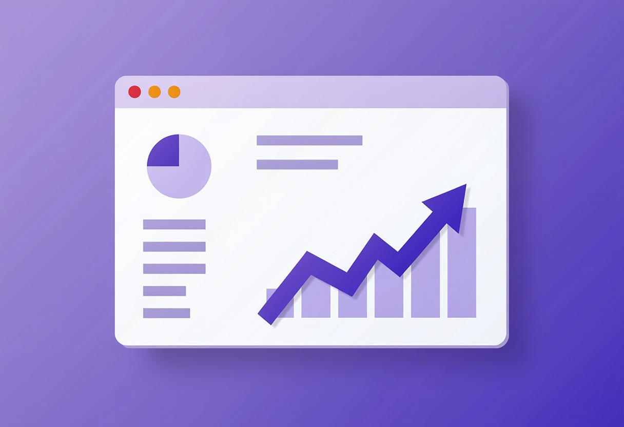A monthly report card showing key metrics and a growth arrow, modern flat vector illustration, violet and indigo color p