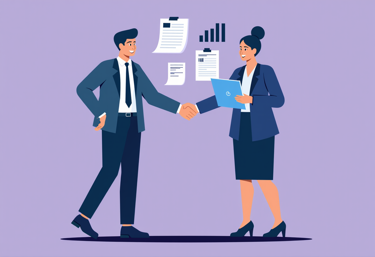 flat modern illustration of an accountant reviewing automated reports and a smiling client handshaking digitally, violet