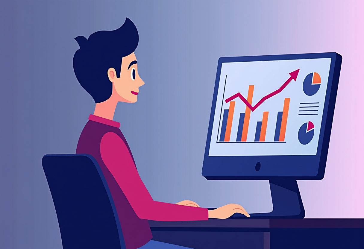 flat modern illustration of a small business owner looking at a rising sales chart on a dashboard screen, violet and ind