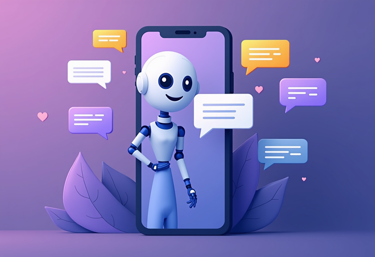 friendly AI agent chatting on a smartphone with WhatsApp-style bubbles, flat modern illustration, violet and indigo pale