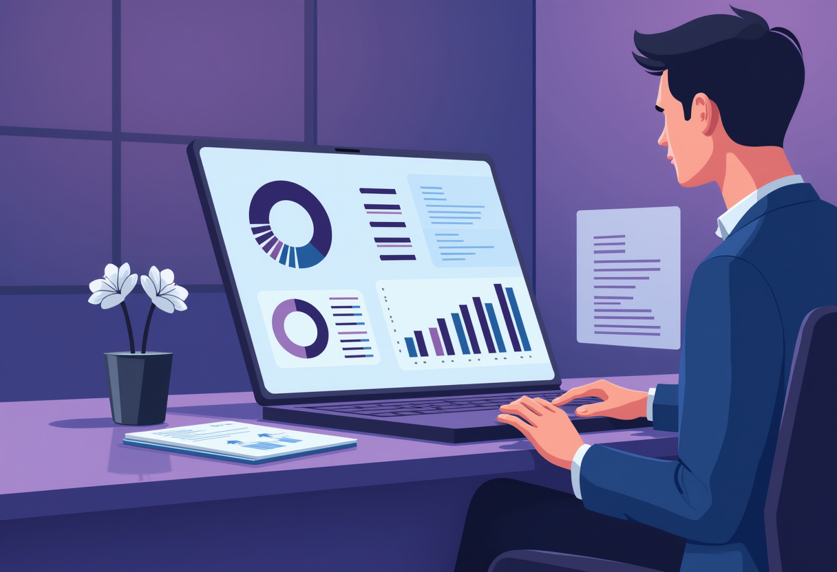 business owner reviewing an AI dashboard on a laptop with charts and chat logs, flat modern illustration, violet and ind