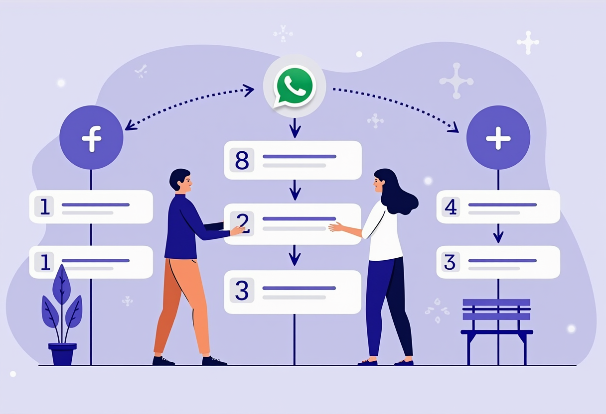 step-by-step onboarding flow for a small business connecting an AI agent to WhatsApp, flat modern illustration, violet a