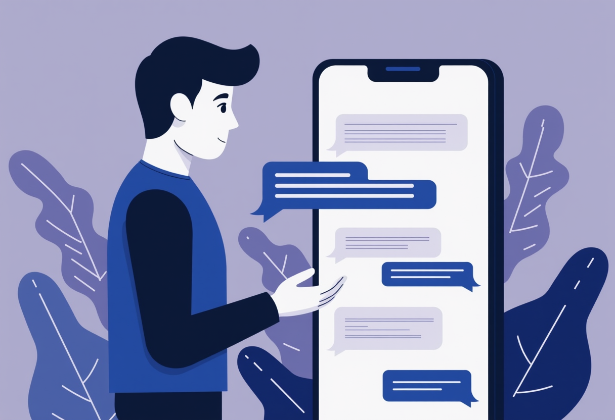 a friendly AI agent chatting on a smartphone with WhatsApp interface, flat modern illustration, violet and indigo palett
